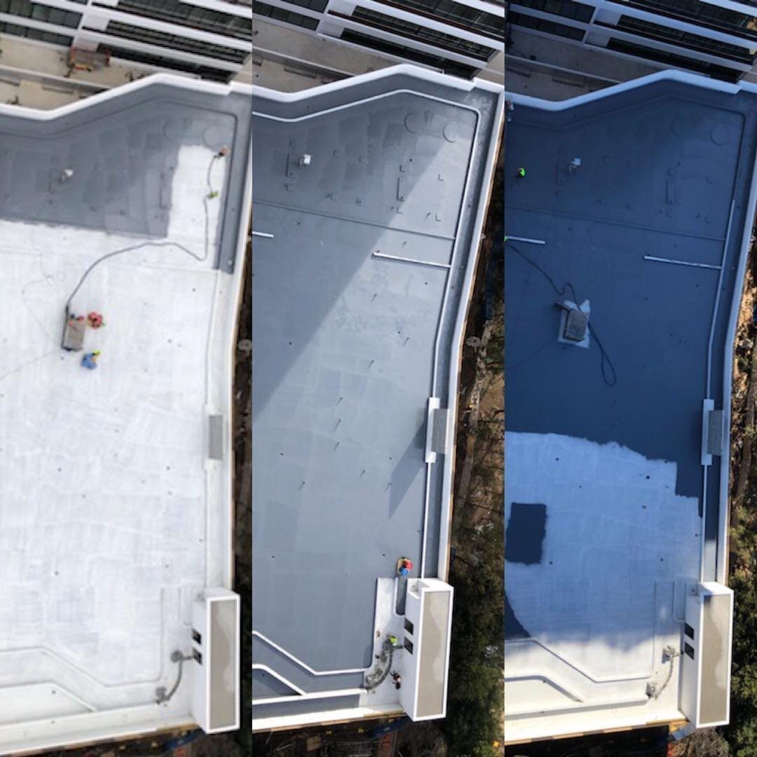 Aerial view of a rooftop membrane at three stages of application